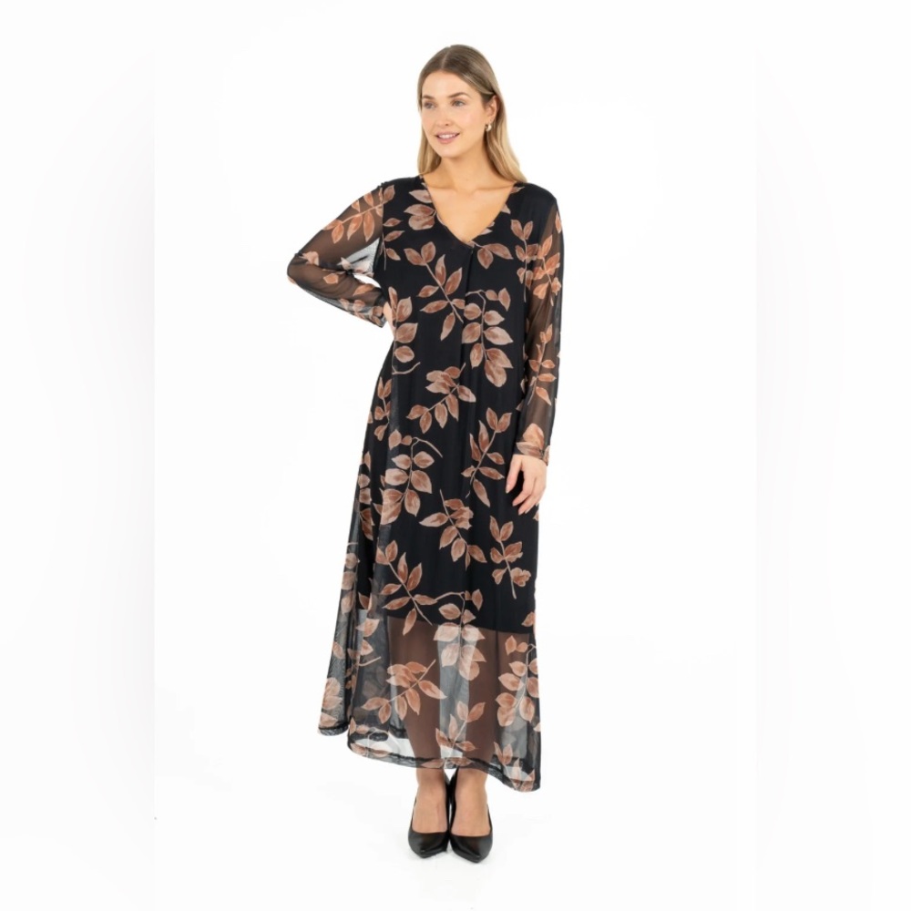 NWT M Made in Italy Autumn Branches Floral Long Sleeve‎ Black Maxi Dress Size M
